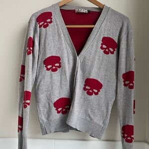 POL Gray and Red Skull Cardigan Sweater